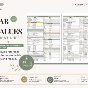 May include: A two-page lab values cheat sheet featuring organised tables of medical data, including vitals, blood panels, and organ function ranges. The document displays the text NURSING 4 LIFE, LAB VALUES CHEAT SHEET, and PDF DOWNLOAD in a clean, professional layout with sage green accents.