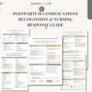 Peut inclure: Un ensemble de cinq pages intitulé Nurse 4 Life Postpartum Complications Recognition & Nursing Response Guide. Les documents présentent des tableaux d'évaluation clinique, des signes vitaux et des protocoles de soins post-partum.