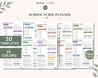 May include: A digital school nurse planner template set featuring 30 distinct color schemes and layouts. The pages include sections for subject names, health logs, and student information, with the text NURSE 4 LIFE and SCHOOL NURSE PLANNER visible.