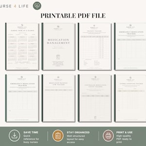 May include: A set of eight printable PDF pages for nurse medication management. The documents include a school year calendar, medication management logs, incident trackers, emergency medication trackers, and controlled substance count sheets.
