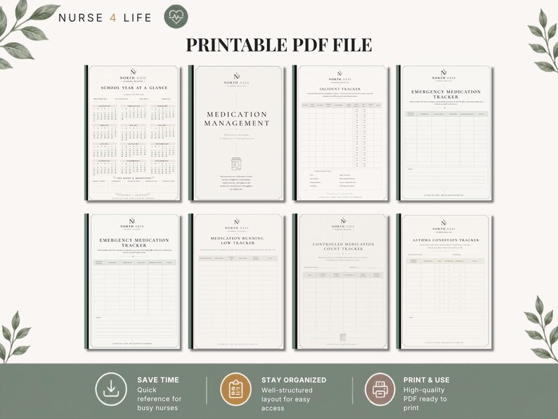May include: A set of eight printable PDF pages for nurse medication management. The documents include a school year calendar, medication management logs, incident trackers, emergency medication trackers, and controlled substance count sheets.