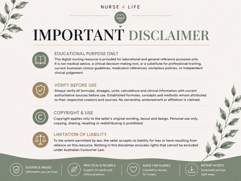 May include: An informational document titled IMPORTANT DISCLAIMER with the header NURSE 4 LIFE. It lists sections for Educational Purpose Only, Verify Before Use, Copyright & Use, and Limitation of Liability, featuring icons and botanical leaf accents.