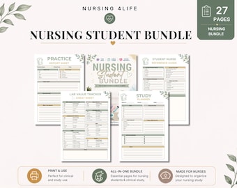 May include: A 27-page nursing student bundle featuring printed planner sheets including a practice report sheet, lab value tracker cheat sheet, student nurse reference guide, and study planner with green and tan accents and text.