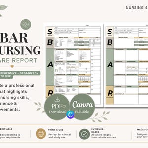 Puede incluir: Una plantilla digital de informe de cuidados de enfermería SBAR con dos páginas lado a lado que incluyen secciones para situación, antecedentes, evaluación y recomendación. El documento contiene campos para historial médico, signos vitales y datos de entrada y salida.