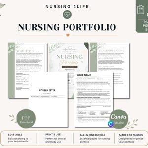 Pode incluir: Um pacote de portfólio de enfermagem de 19 páginas com capa, sobre mim, objetivo de carreira e modelos de carta de apresentação. Documentos com fundo branco, detalhes de folhas verde-sálvia e texto preto. Inclui etiqueta Canva editável.