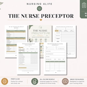 May include: A 30-page nursing bundle titled The Nurse Preceptor, featuring printed worksheets for clinical study. The pages include a 30-60-90 day follow-up review, a smart goals and action plan, a program feedback evaluation, and a preceptor shift planning worksheet.