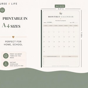 May include: A printable monthly calendar in A4 size, measuring 8.27 inches by 11.69 inches. The document features a grid layout for October 2027, with sections for important dates and notes. Text includes NURSE 4 LIFE, MONTHLY CALENDAR, and A4 SIZES.