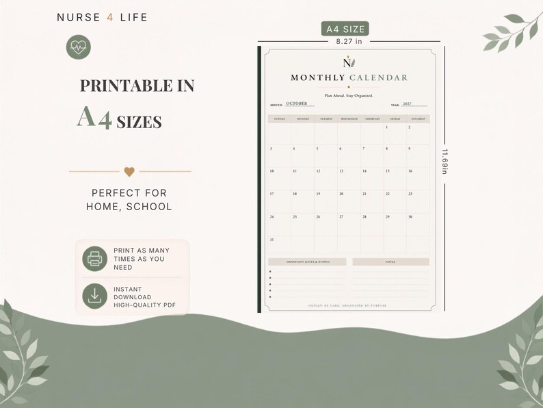 May include: A printable monthly calendar in A4 size, measuring 8.27 inches by 11.69 inches. The document features a grid layout for October 2027, with sections for important dates and notes. Text includes NURSE 4 LIFE, MONTHLY CALENDAR, and A4 SIZES.