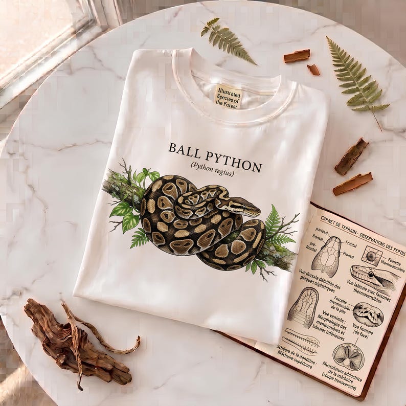 Pu&ograve; includere: Una t-shirt bianca con un'illustrazione grafica di un pitone reale avvolto su un ramo. Il testo BALL PYTHON (Python regius) &egrave; scritto sopra il serpente. L'etichetta sul colletto riporta la scritta Illustrated Species of the Forest.
