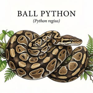 Pu&ograve; includere: Un'illustrazione dettagliata di un pitone reale (Python regius) avvolto attorno a un ramo d'albero muschioso con foglie verdi e fronde di felce. Il serpente presenta una pelle con motivi marroni e marrone chiaro. Il testo BALL PYTHON (Python regius) &egrave; centrato.