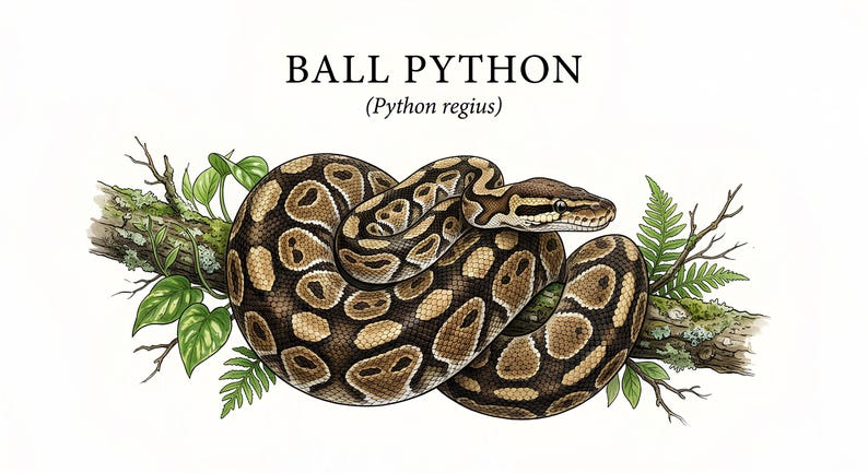 Pu&ograve; includere: Un'illustrazione dettagliata di un pitone reale (Python regius) avvolto attorno a un ramo d'albero muschioso con foglie verdi e fronde di felce. Il serpente presenta una pelle con motivi marroni e marrone chiaro. Il testo BALL PYTHON (Python regius) &egrave; centrato.