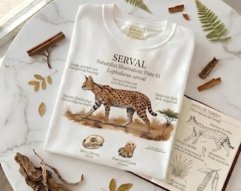 Serval Anatomy T-Shirt | Leptailurus Serval Natural History Illustration | Wild Cat Gift for Nature Lovers