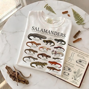 Salamandrar T-shirt | Illustrerad artkarta T-shirt | Amfibiegåva för natur- och örtälskare
