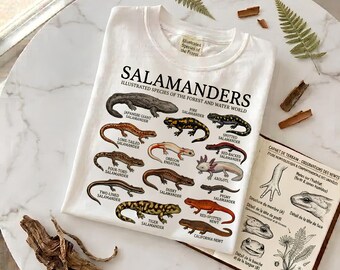 Camiseta de salamandras | Camiseta con tabla ilustrada de especies | Regalo para amantes de los anfibios, la naturaleza y los reptiles