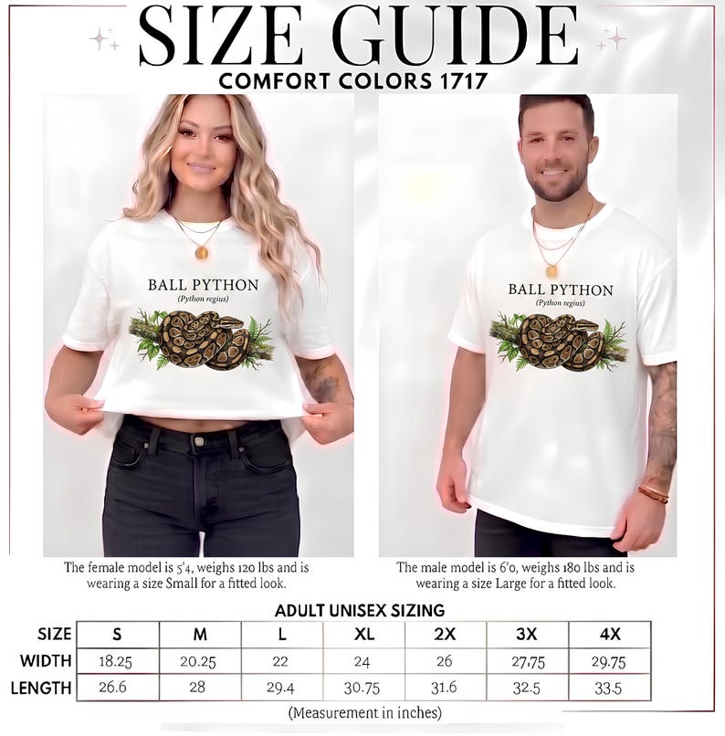 Pu&ograve; includere: Una t-shirt bianca con la grafica di un pitone reale avvolto su un ramo e il testo BALL PYTHON (Python regius). L'immagine include una tabella delle taglie con misure di larghezza e lunghezza in pollici per le taglie dalla S alla 4X.