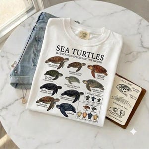 Peut inclure: Un t-shirt blanc avec une impression graphique intitulée SEA TURTLES ILLUSTRATED SPECIES OF THE WORLD, montrant diverses illustrations de tortues avec des étiquettes, accompagné d'un jean bleu et d'un petit carnet avec des croquis anatomiques.