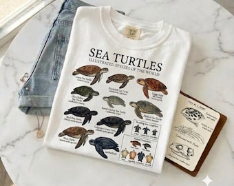 Maglietta con tartarughe marine | Maglietta con tabella illustrata delle specie | Regalo di biologia marina per gli amanti delle tartarughe
