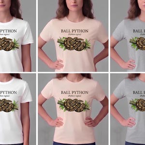 Pu&ograve; includere: Una collezione di magliette a maniche corte in bianco, rosa chiaro e grigio melange. Ogni maglietta presenta un'illustrazione grafica di un pitone reale avvolto su un ramo con foglie verdi, accompagnata dal testo BALL PYTHON (Python regius).