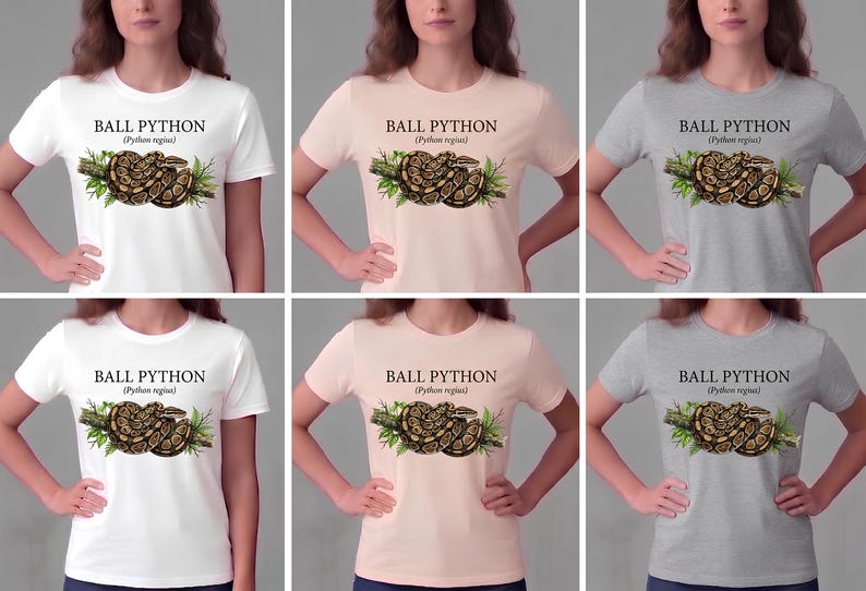 Pu&ograve; includere: Una collezione di magliette a maniche corte in bianco, rosa chiaro e grigio melange. Ogni maglietta presenta un'illustrazione grafica di un pitone reale avvolto su un ramo con foglie verdi, accompagnata dal testo BALL PYTHON (Python regius).