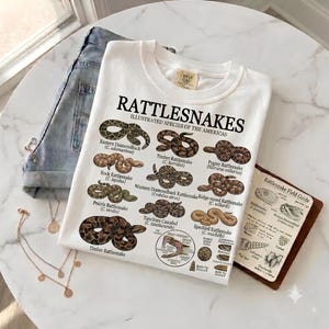 Op de afbeelding: Een wit t-shirt met een grafische print getiteld RATTLESNAKES ILLUSTRATED SPECIES OF THE AMERICAS. Het ontwerp toont diverse slangenillustraties met labels, een anatomisch diagram van de kop en een sectie met een veldgids met tekst en schetsen.