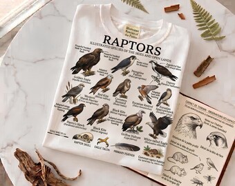 Raptors of the World T-Shirt | Illustrated Species Chart Tee | Bird of Prey Gift for Nature Lovers