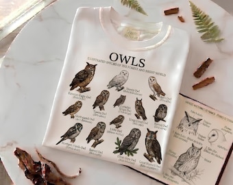 Owls of the World T-Shirt | Illustrated Species Chart Tee | Bird Watcher Gift for Nature Lovers