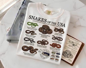 Maglietta Serpenti degli Stati Uniti | Illustrazione naturalistica e tabella delle specie | Regalo per appassionati di rettili ed erpetologia