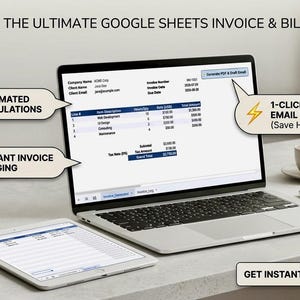 May include: A laptop and tablet displaying the GRIDnFLOW Google Sheets invoice and billing system. The screen shows invoice data, automated calculations, instant invoice logging, and a 1-click PDF and email draft button with a lightning bolt icon.