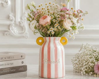 Vase gravé personnalisé avec nom, vase à fleurs en céramique peint à la main avec rayures, cadeau souvenir