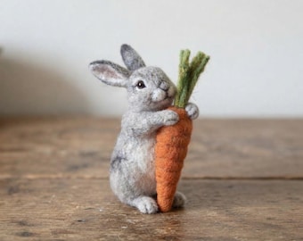 Needle Felted Rabbit Figurine, Wool Felt Bunny Sculpture, Easter Tiered Tray Decor, Animal Toy