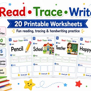 May include: A set of 20 printable educational worksheets titled Read Trace Write featuring reading, tracing, and handwriting practice for kindergarten and 1st grade. The pages include illustrations of a pencil, school, teacher, and a happy child.