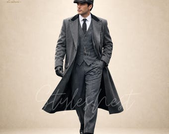 Grey Peaky Blinders Suit Men, Victorian Long Coat 4 Piece Suit, Vintage Groom Wedding Suit, Custom Made Formal Outfit