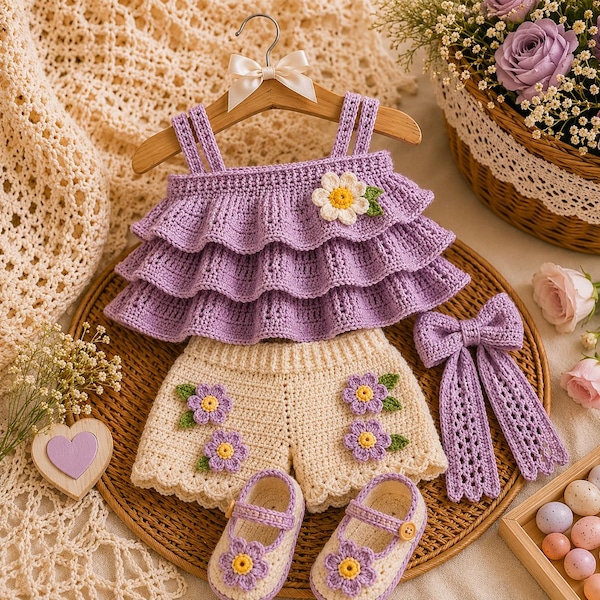 Haakpatroon voor een babyoutfit met lavendelthema – Topje met ruches, korte broek met bloemenprint, strik en Mary Jane-schoentjes (PDF) – Eenvoudige fotohandleiding – Set voor pasgeboren baby's