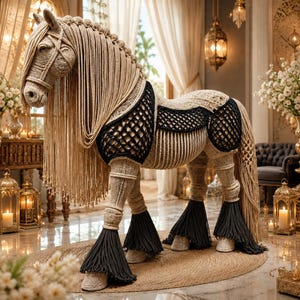 May include: A life-sized horse sculpture crafted from beige macrame cord, featuring a long flowing mane, a black woven net blanket, and black fringed leg wraps. The horse is constructed with intricate knotting techniques and textured rope.