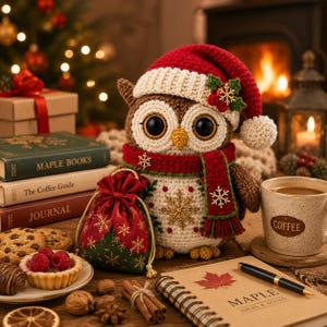 Könnte beinhalten: Eine gehäkelte Eulenfigur mit einer rot-weißen Weihnachtsmütze mit Stechpalmen-Akzent und einem roten Schal mit Schneeflocken-Anstecknadeln. Die Eule hat große schwarze Augen, einen gelben Schnabel und einen cremefarbenen Bauch mit Goldstickerei.