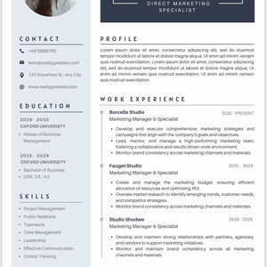 Puede incluir: Una plantilla de currículum profesional con un encabezado azul oscuro que muestra el nombre Andrea Davis y el título Direct Marketing Specialist. El diseño incluye una foto circular, datos de contacto, educación y experiencia laboral.