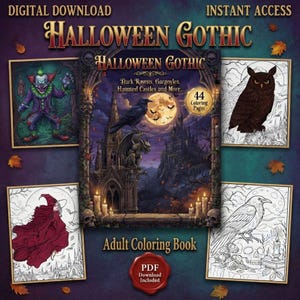 Puede incluir: Un libro de colorear digital para adultos Halloween Gothic con 44 páginas. La portada muestra un castillo oscuro, un cuervo, una gárgola y una luna llena. Las imágenes circundantes muestran un payaso, un búho, una bruja y una calavera.