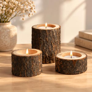 Puede incluir: Tres portavelas cilíndricos hechos de troncos de madera natural con corteza rugosa de color marrón oscuro en el exterior y un interior de madera clara lisa. Cada soporte contiene una pequeña vela de té blanca encendida con llama.