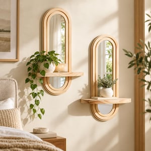 May include: Two oval-shaped wall mirrors with light-toned wooden frames, each featuring an integrated horizontal shelf. The left mirror holds a trailing green plant in a white pot and a glass candle holder, while the right mirror holds a small potted plant.
