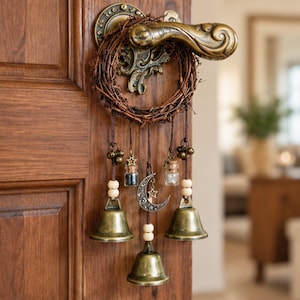 Può includere: Una decorazione da appendere alla porta composta da una piccola ghirlanda di ramoscelli fissata a una maniglia in ottone. La ghirlanda è ornata da tre campanelli in ottone, due piccole fiale in vetro con contenuto scuro e chiaro e un ciondolo a mezzaluna.