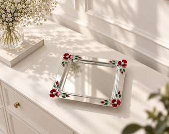 Vassoio da portata in acciaio inox lucido, vassoio decorativo floreale, vassoio da tavola con fiori rossi, elegante vassoio da toeletta in metallo, regalo per lei
