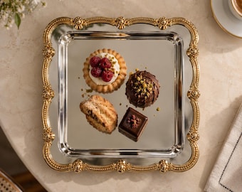 Vassoio da portata dorato, vassoio decorativo quadrato, vassoio per dessert, elegante vassoio da caffè, vassoio oro e argento, regalo per l'inaugurazione della casa
