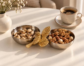 Ciotola doppia Gold Bird, piatto da portata per frutta secca e snack, ciotola decorativa per caramelle, decorazione da tavola dorata, regalo per l'inaugurazione della casa