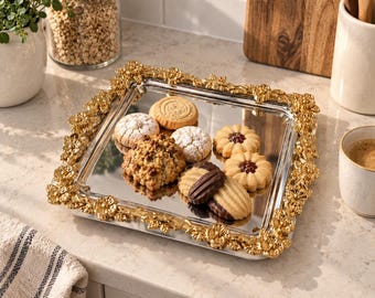 Vassoio da portata con decorazioni floreali dorate, piatto da toeletta con bordo floreale in ottone, piatto da dessert in acciaio inossidabile, elegante decorazione per tavolino da caffè, regalo per l'inaugurazione della casa.