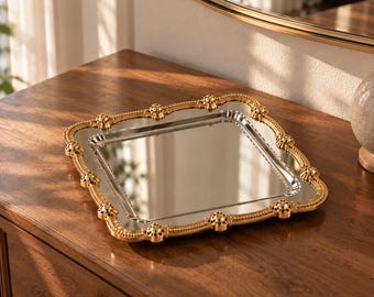 Vassoio da toeletta con specchio dorato, portagioie vintage, vassoio organizer per profumi, decorazione barocca per comò, vassoio decorativo multiuso, regalo elegante per lei