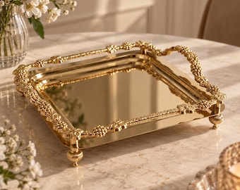 Vassoio dorato da portata, vassoio per gioielli e cosmetici, vassoio decorativo con tralci di vite, vassoio per profumi, vassoio da caffè, decorazione per la casa dorata e ornata
