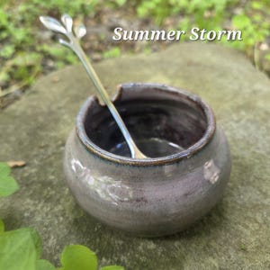 May include: A small, round, ceramic bowl with a silver spoon. The bowl is a muted gray-purple color with a darker interior and a gold rim. The spoon has a leaf-like design at the top. The text "Summer Storm" is above the bowl.