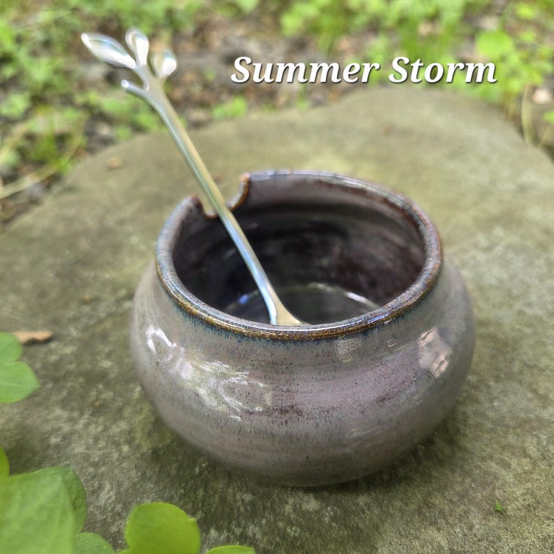May include: A small, round, ceramic bowl with a silver spoon. The bowl is a muted gray-purple color with a darker interior and a gold rim. The spoon has a leaf-like design at the top. The text "Summer Storm" is above the bowl.