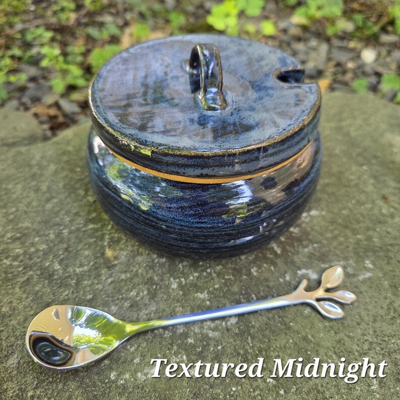 Pottery Sugar Bowl/Jam Jar/Honey Pot (comes with spoon) Textured Midnight