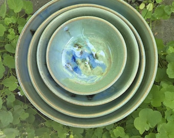 Springtime Pool Nesting Bowl Set of 4, Pottery Nesting Bowls (sold as set of 4 bowls)(sizes of each bowl are listed on photos)